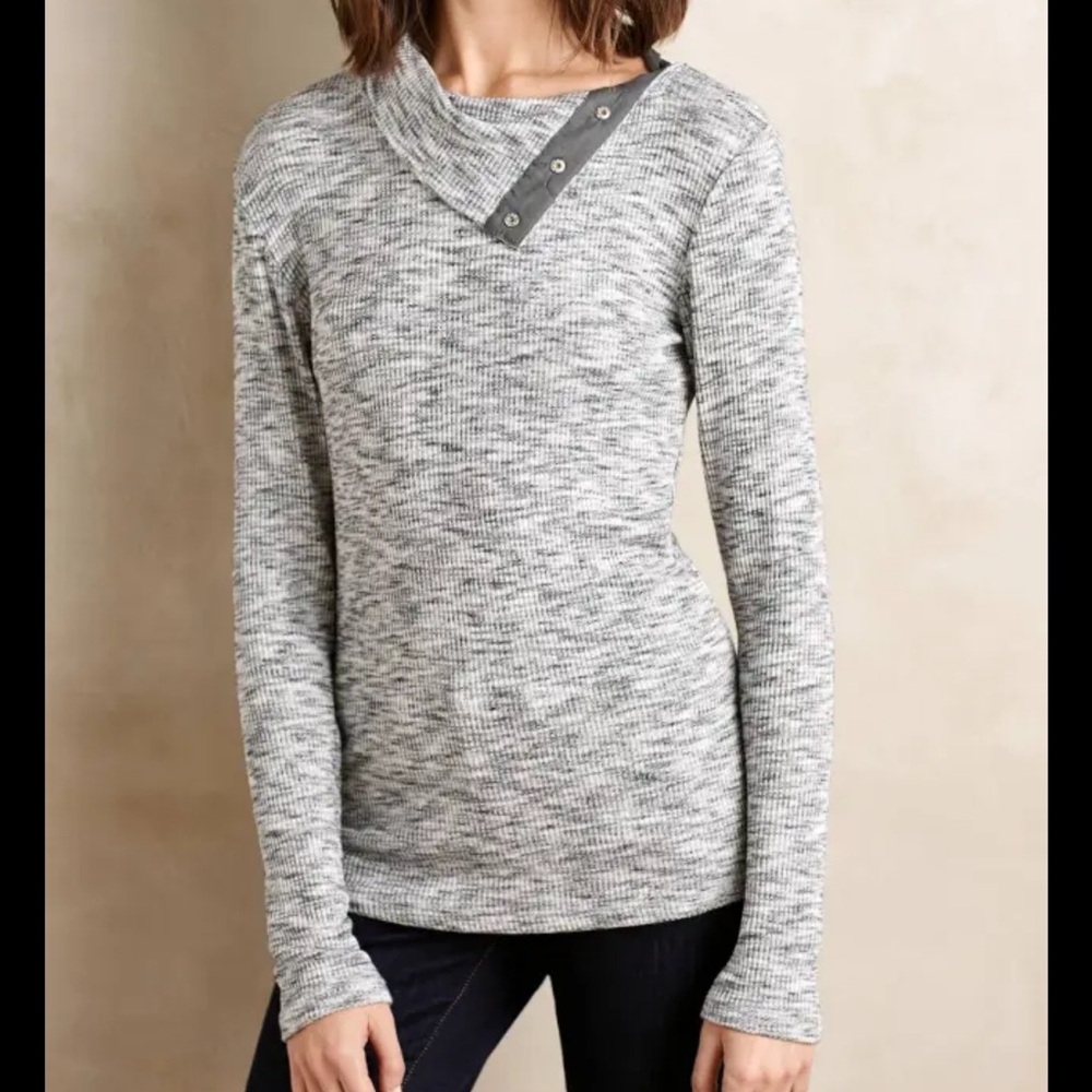 Dolan Anthropologie Marled Knit Cozy Gray Ribbed Button-Up Collar Sweater